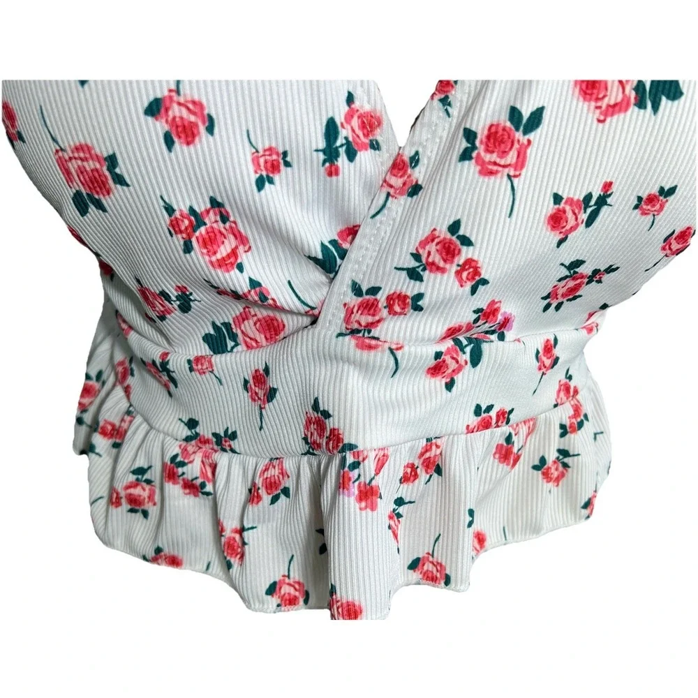 Womens 2XL Floral Ribbed Tankini Top White Pink Peplum Plus Size Swimwear